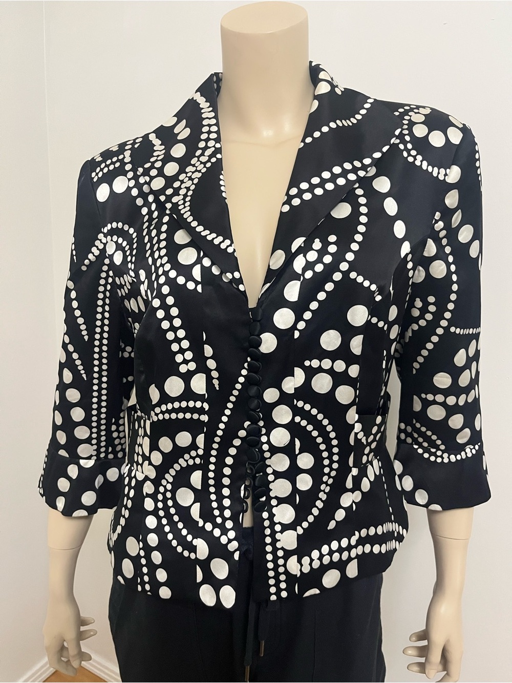 JS Collections Black 100% silk Jacket with White Dot Swirl Print